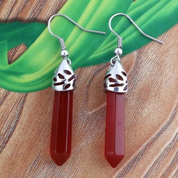 Red Agate Natural Stone Gemstone Hexagon Point Healing Dangle Earrings - Picture 2 of 2